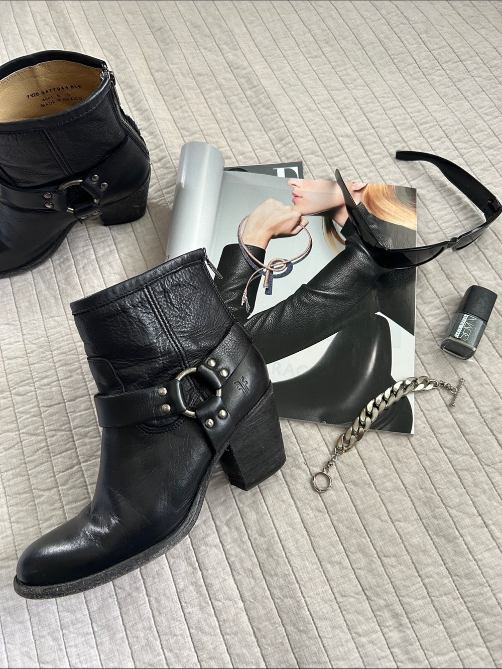 Frye Tabitha black leather harness, ring, biker, boho western heeled boots 7.5